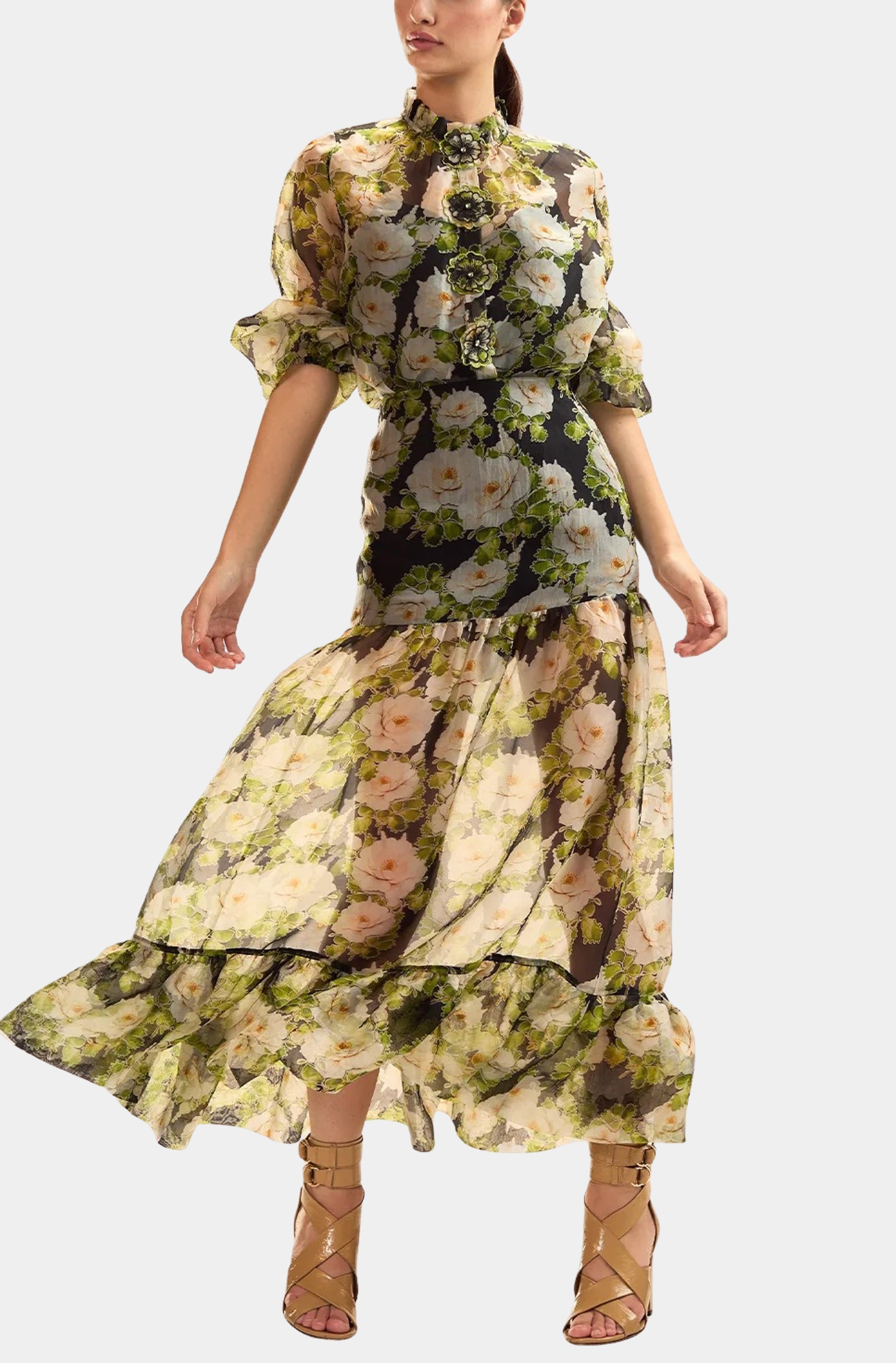 Silk Organza Flower Buttons Shirt