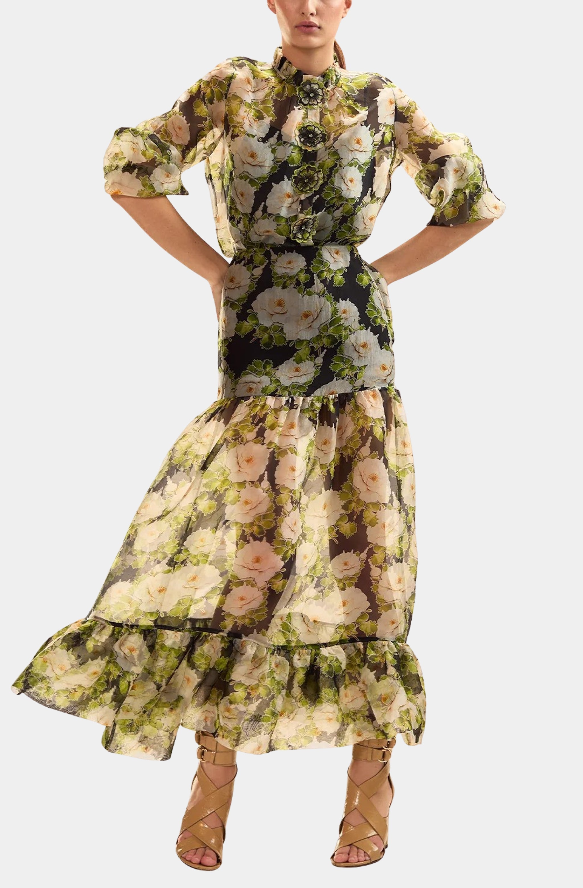 Silk Organza Flower Buttons Shirt