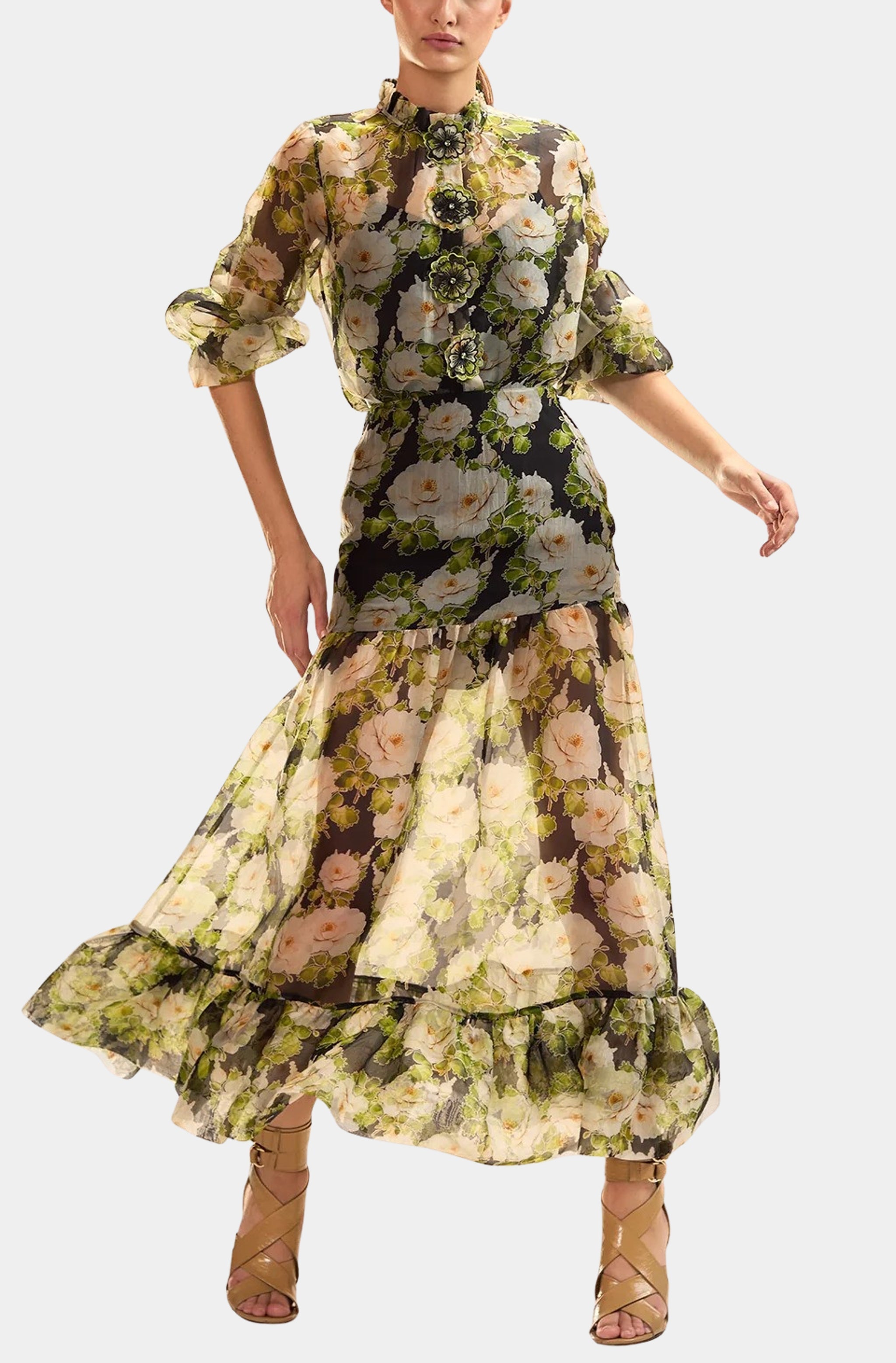 Silk Organza Flower Buttons Shirt