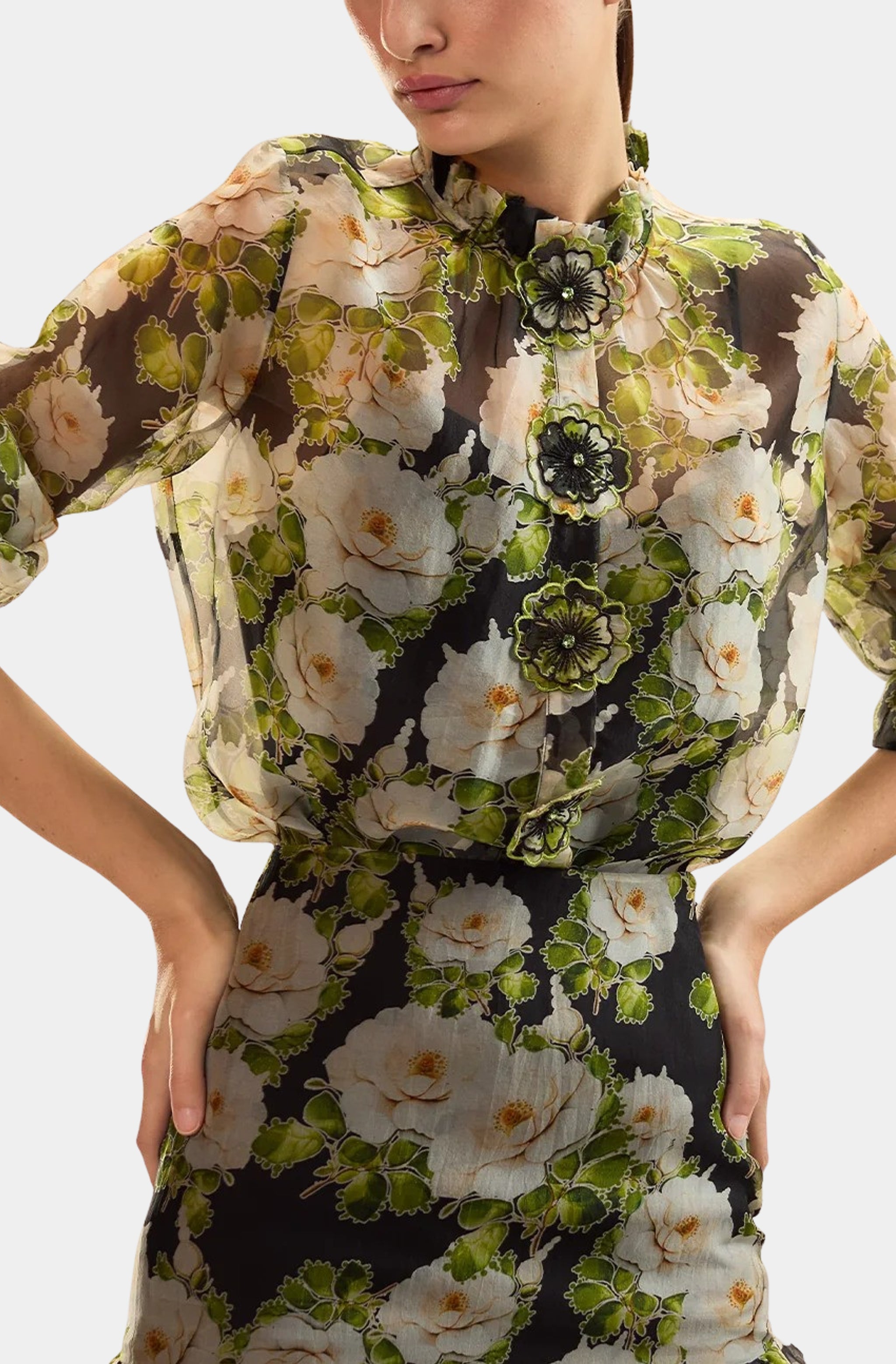 Silk Organza Flower Buttons Shirt