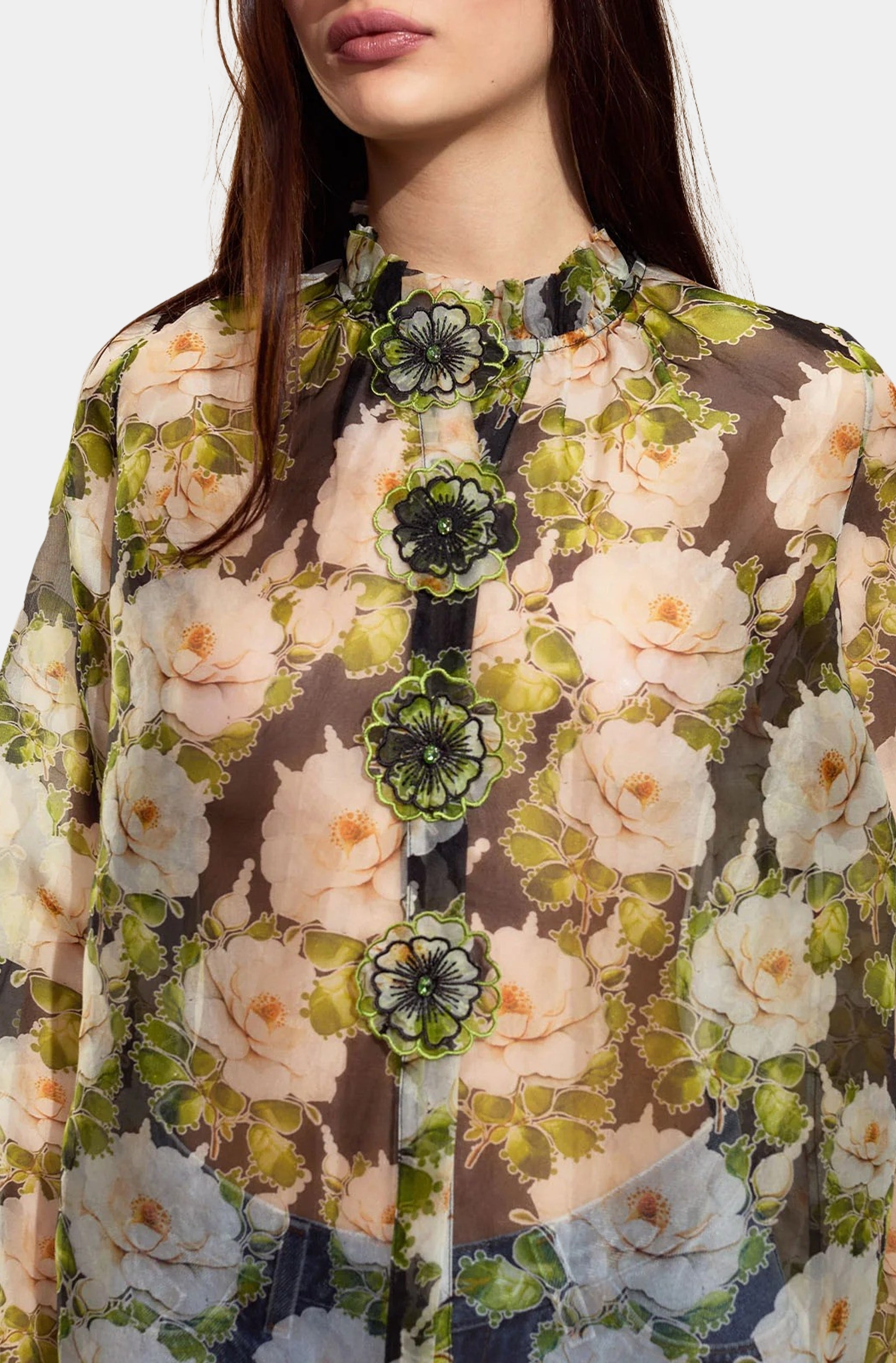 Silk Organza Flower Buttons Shirt