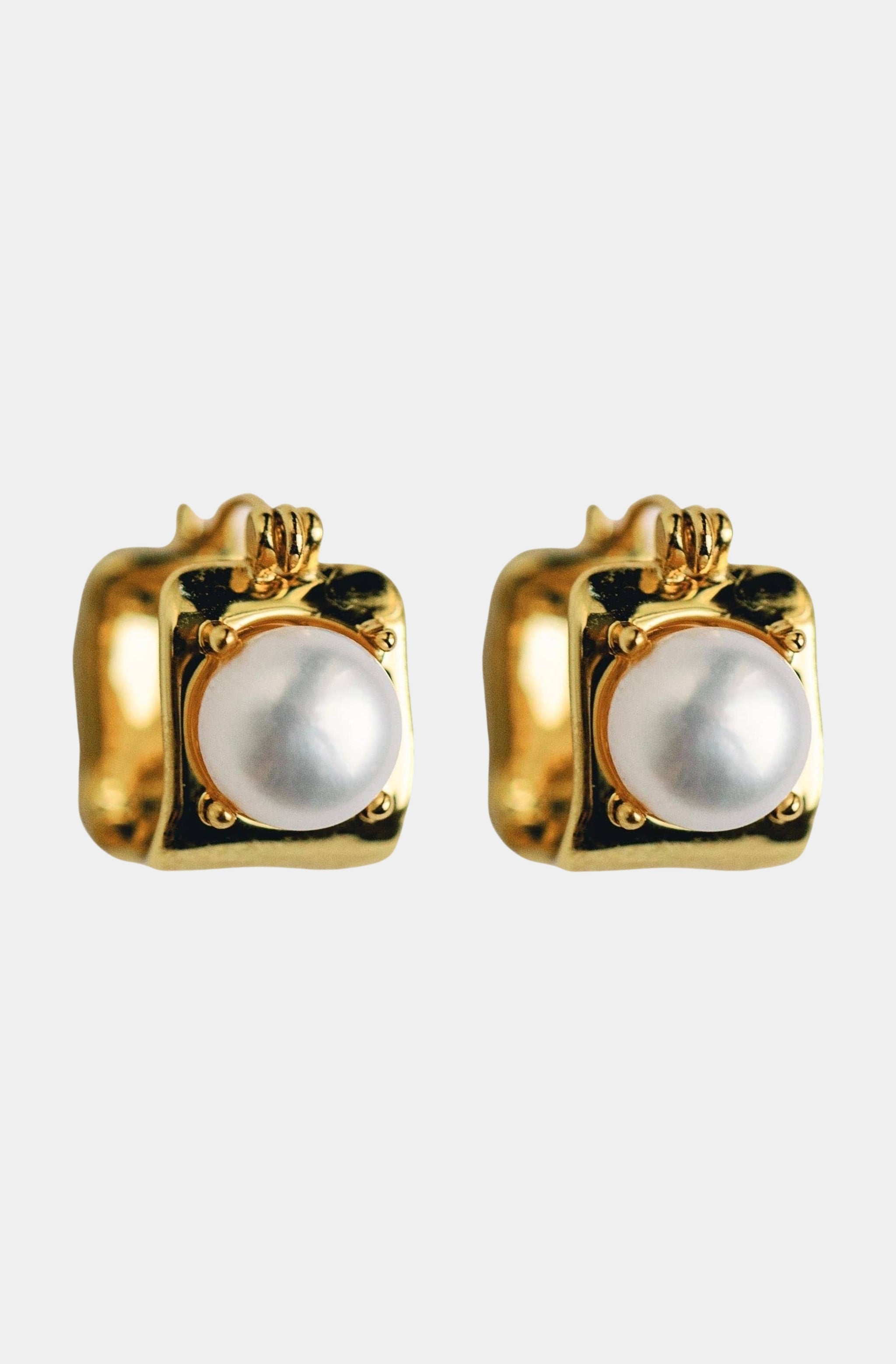 Vintage Mini Square Gold Pearl Huggie Hoop Earrings
