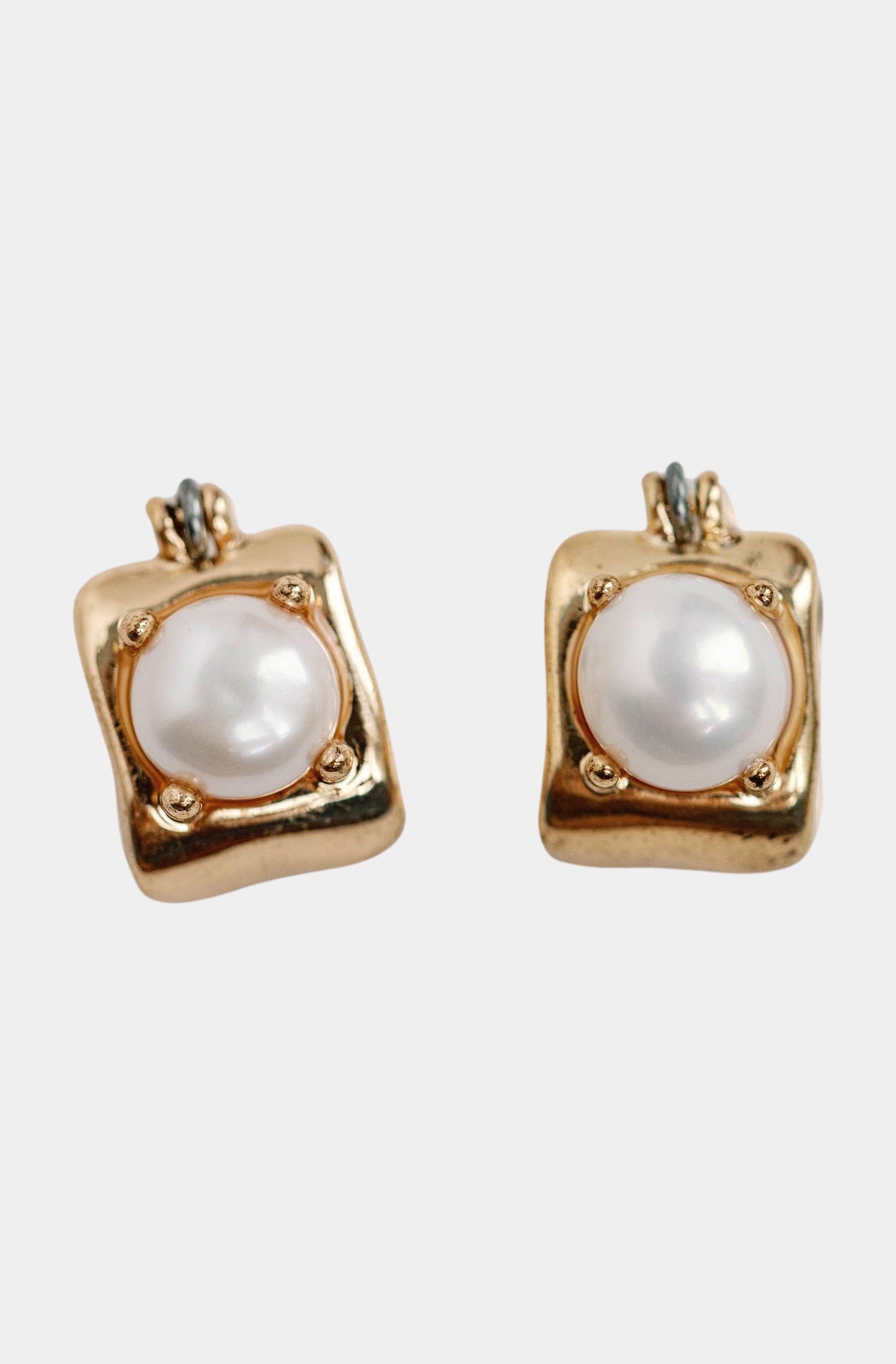 Vintage Mini Square Gold Pearl Huggie Hoop Earrings