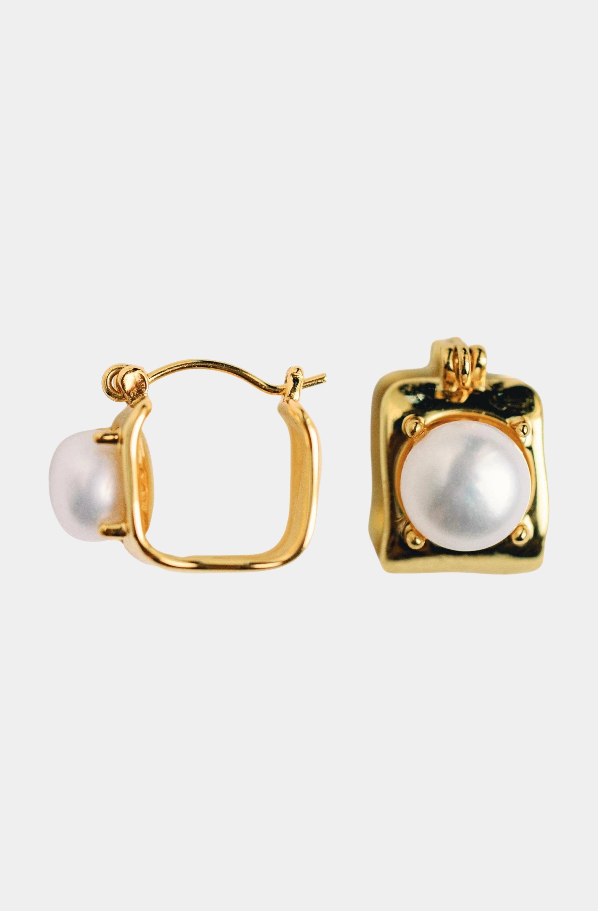 Vintage Mini Square Gold Pearl Huggie Hoop Earrings